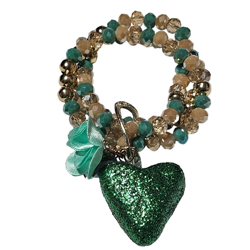 Heart Flower Charm Green Brown Beaded Stretch Bracelet Fashion Jewelry Women